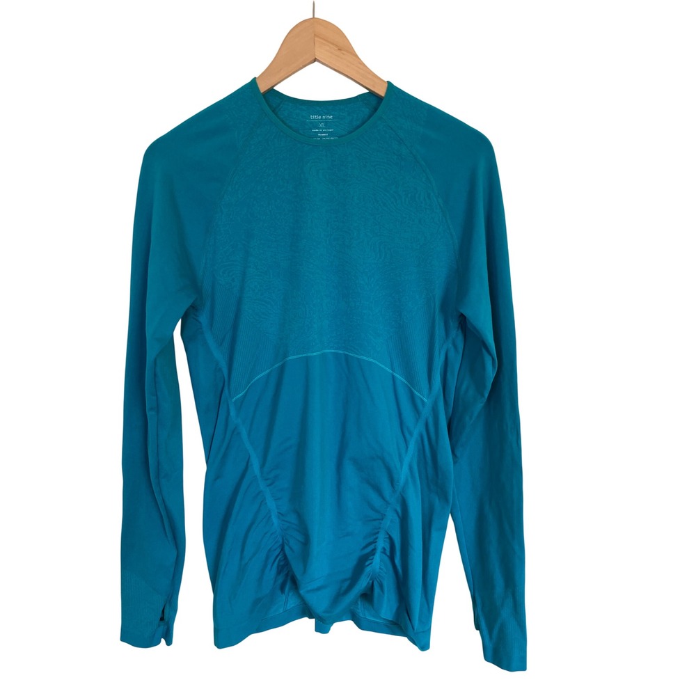 Title Nine Teal Blue Paisley Jacquard Seamless Long Sleeve Top Thumbholes XL